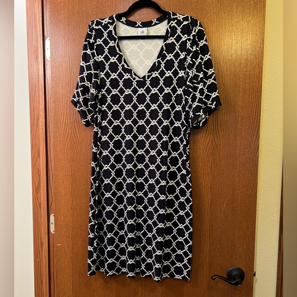 CAbi Chain Patterned Midi Dress in Blue and White
